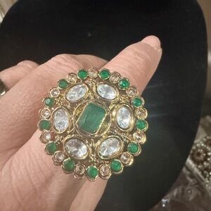 Pakistani Indian Desi Gold-Tone kundan Green Statement Ring